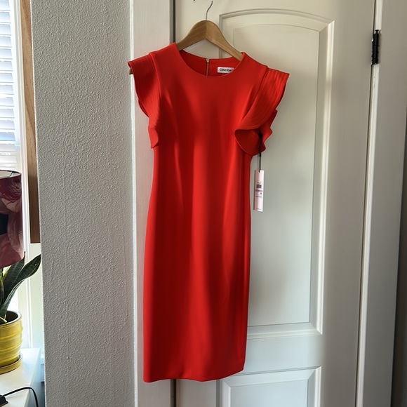 CALVIN KLEIN | Women's Ruffled-Shoulder Sheath Dress NWT 6, Bright Orange - Picture 2 of 9